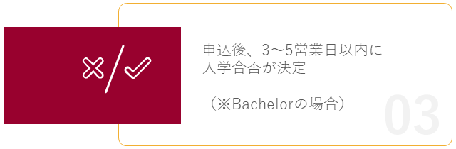 申込後、3～5営業日以内に入学合否が決定（※Bachelorの場合）